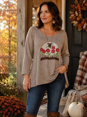 Cactus + Pearl Floral Sheep Tunic Top XXL Boho Embroidered Knit